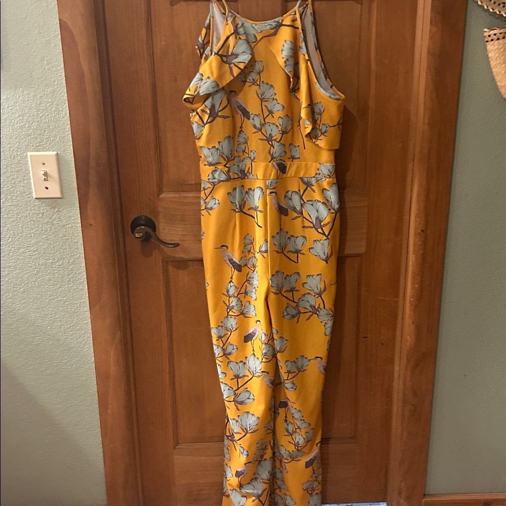 Anthropologie Varun Bahl Jumpsuit Size 10 Yellow Crane Bird Floral Ruffle Halter